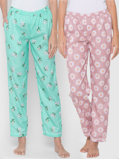 

FashionRack Women Pack of 2 Pink & Turquoise Blue Printed Lounge Pants