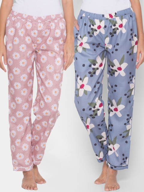 

FashionRack Women Pack of 2 Pink & Grey Cotton Printed Lounge Pants