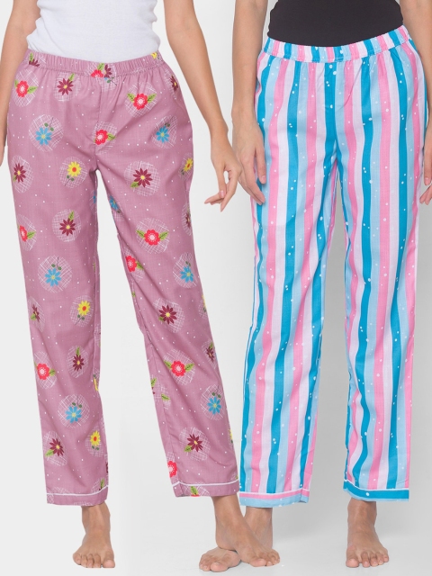 

FashionRack Women Pack of 2 Purple & Blue Cotton Printed Lounge Pants