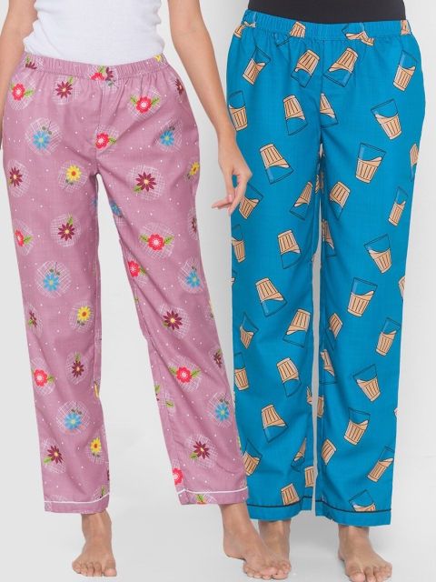 

FashionRack Women Purple & Blue Pack of 2 Cotton Printed Pyjamas