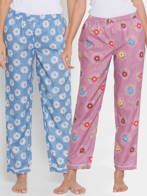 

FashionRack Women Pack of 2 Purple & Blue Cotton Printed Lounge Pants