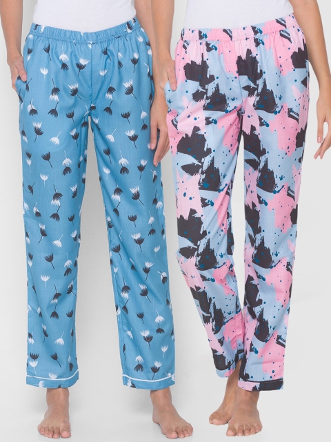 

FashionRack Women Pack of 2 Blue Cotton Printed Lounge Pants