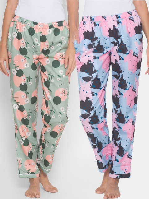 

FashionRack Women Pack of 2 Blue & Green Cotton Printed Lounge Pants