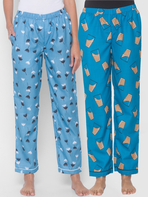 

FashionRack Women Pack of 2 Blue Cotton Printed Lounge Pants