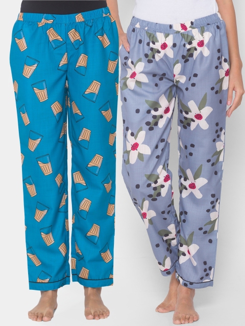

FashionRack Women Blue & Grey Pack of 2 Cotton Printed Pyjamas