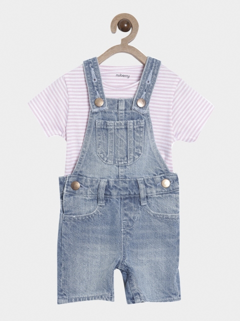

Nuberry Girls Blue & Pink Pure Cotton Denim Dungarees With T-Shirt