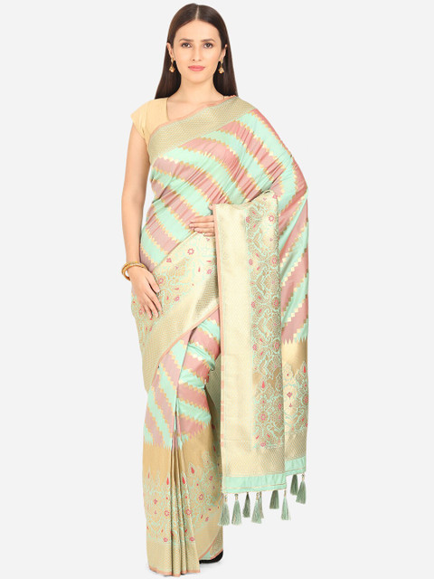 

BOMBAY SELECTIONS Sea Green & Pink Ethnic Motifs Zari Art Silk Banarasi Saree