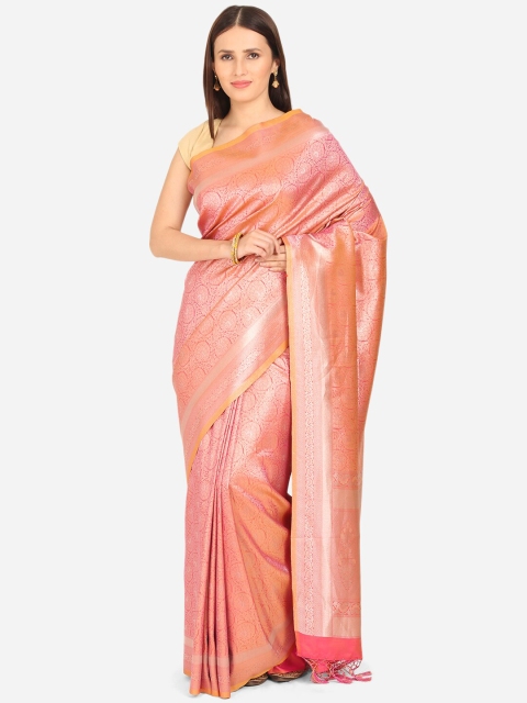 

BOMBAY SELECTIONS Pink & Silver-Toned Paisley Art Silk Banarasi Saree