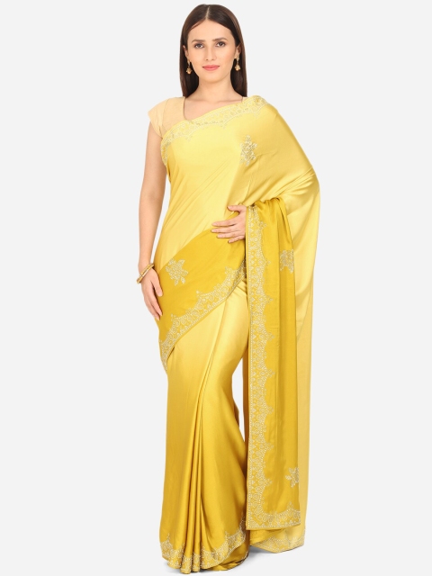 

BOMBAY SELECTIONS Mustard & Gold-Toned Embellished Beads and Stones Satin Saree