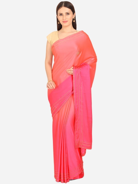 

BOMBAY SELECTIONS Pink & Peach-Coloured Embellished Beads and Stones Satin Saree