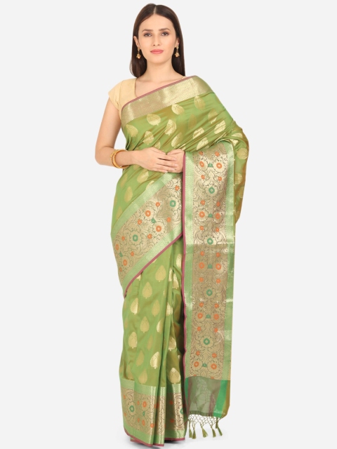 

BOMBAY SELECTIONS Green & Gold-Toned Floral Zari Art Silk Banarasi Saree