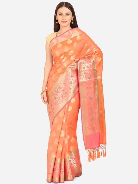 

BOMBAY SELECTIONS Coral & Gold-Toned Ethnic Motifs Zari Art Silk Banarasi Saree
