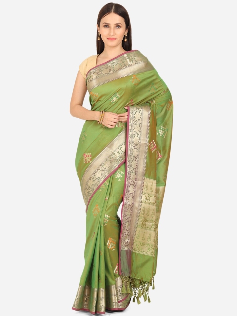 

BOMBAY SELECTIONS Green & Grey Floral Art Silk Banarasi Saree