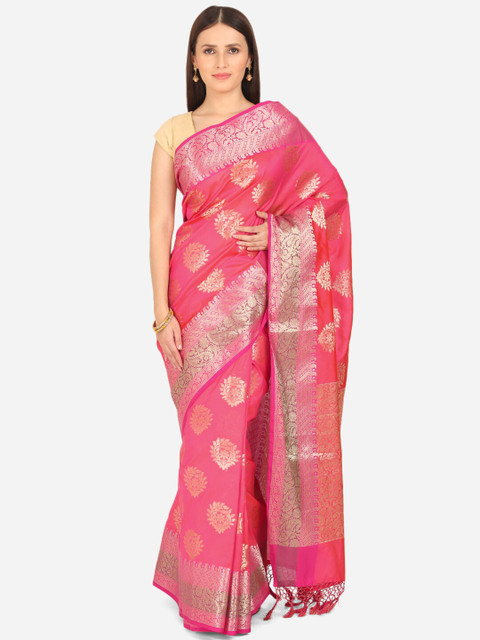 

BOMBAY SELECTIONS Pink & Gold-Toned Floral Zari Art Silk Banarasi Saree
