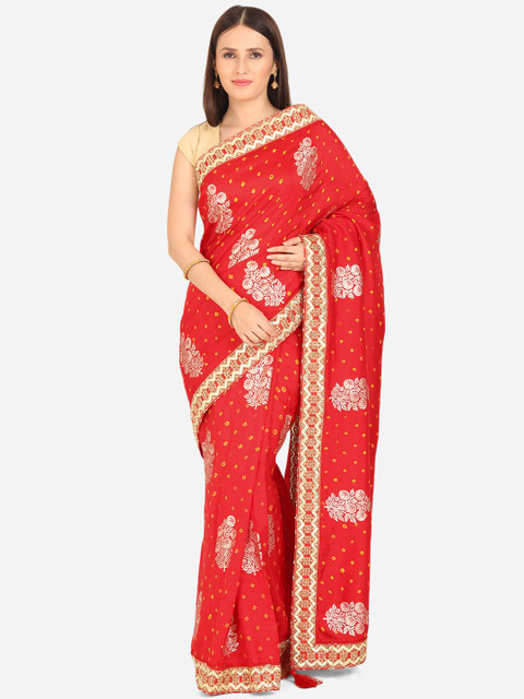 

BOMBAY SELECTIONS Red & Gold-Toned Woven Design Art Silk Bandhani Saree