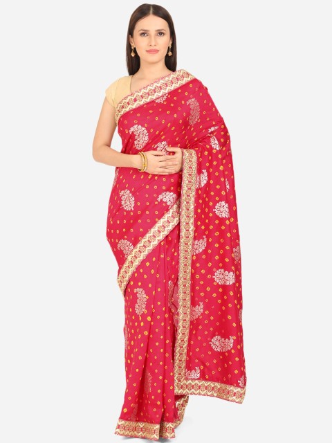 

BOMBAY SELECTIONS Magenta & Yellow Bandhani Beads and Stones Art Silk Bandhani Saree