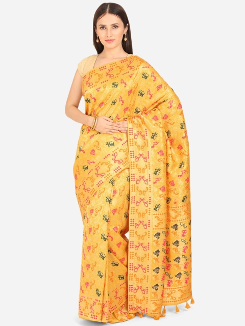 

BOMBAY SELECTIONS Mustard & Pink Ethnic Motifs Art Silk Banarasi Saree