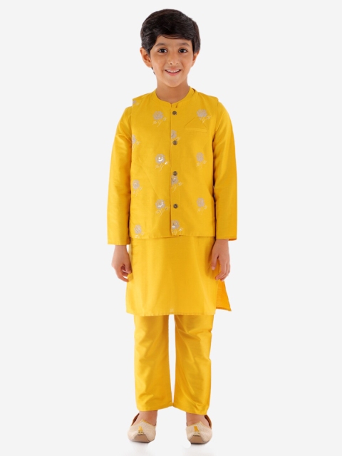 

Lil Peacock Boys Mustard Yellow Embroidered Layered Sequinned Kurta with Pyjamas