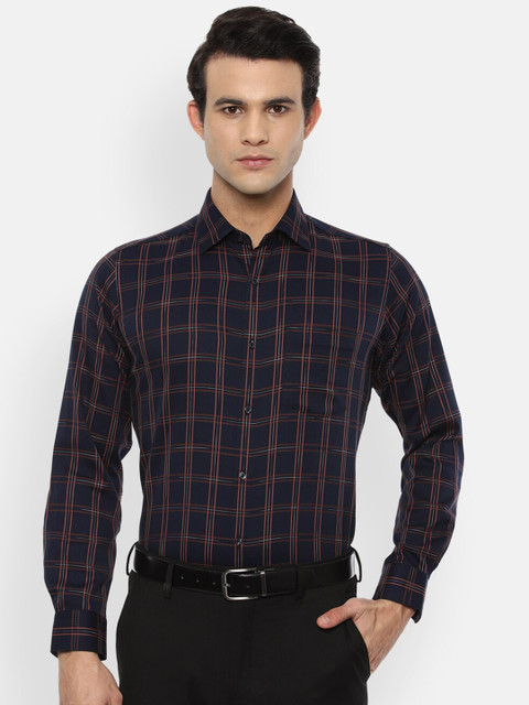 

Van Heusen Men Navy Blue & Maroon Tartan Checks Pure Cotton Formal Shirt