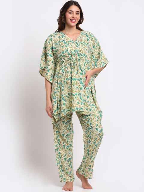 

Aujjessa Women Lime Green & Teal Printed Maternity Night suit