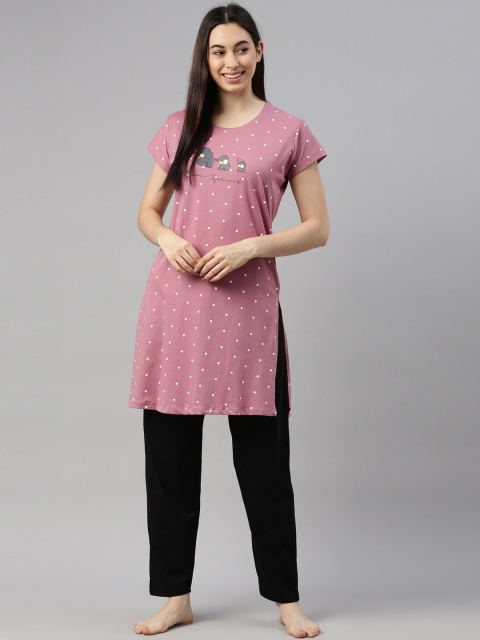 

GOLDSTROMS Women Pink & Black Printed Linen Blend 2 Pc Night Suit