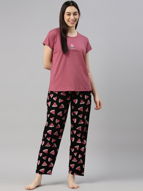 

GOLDSTROMS Women Pink & Black Printed Pure Cotton Night suit