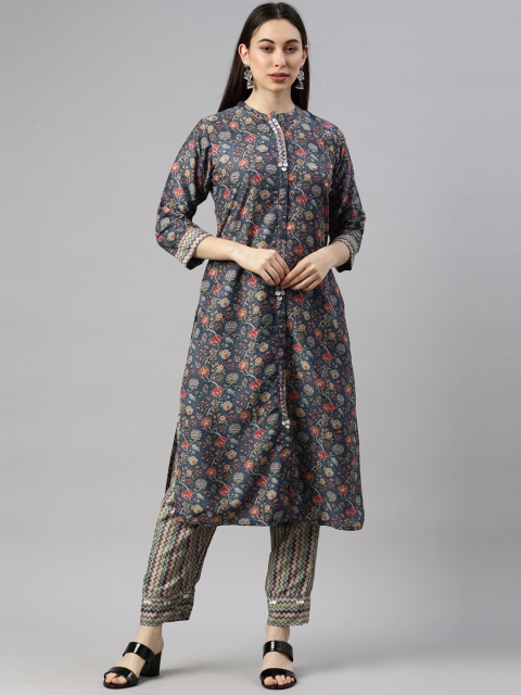 

GOLDSTROMS Women Blue Floral Printed Regular Kurta with Trousers