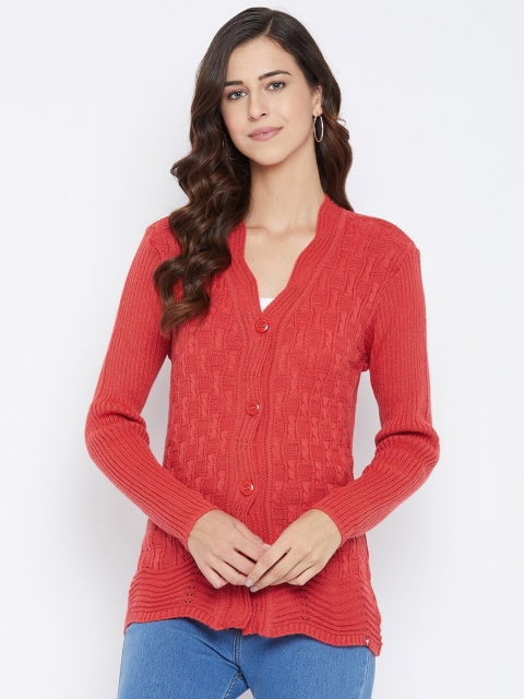 

NEVA Women Orange Cable Knit Wool Cardigan