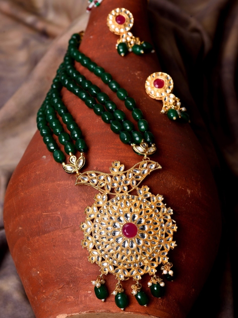

Saraf RS Jewellery Gold Plated Green & White Multilayer Long Jewellery Set