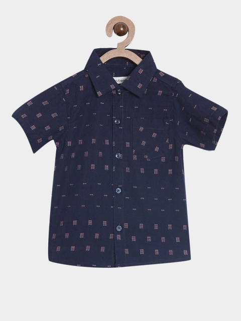 

Nuberry Boys Navy Blue Opaque Printed Casual Cotton Shirt