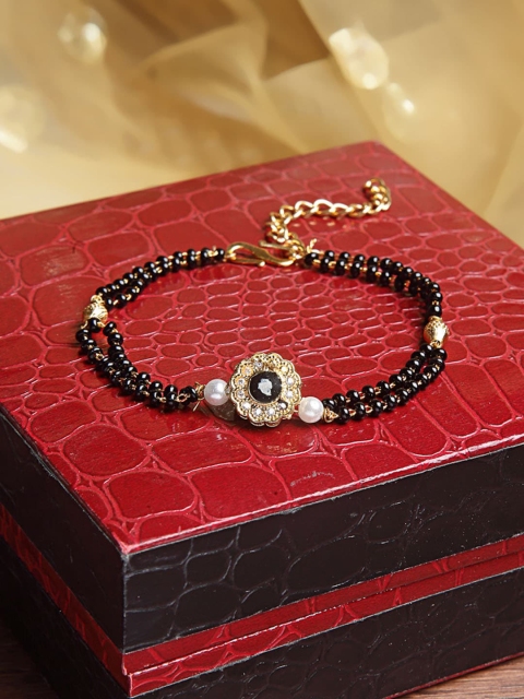 

PANASH Gold-Plated & Black Cubic Zirconia & Beads Hand Mangalsutra
