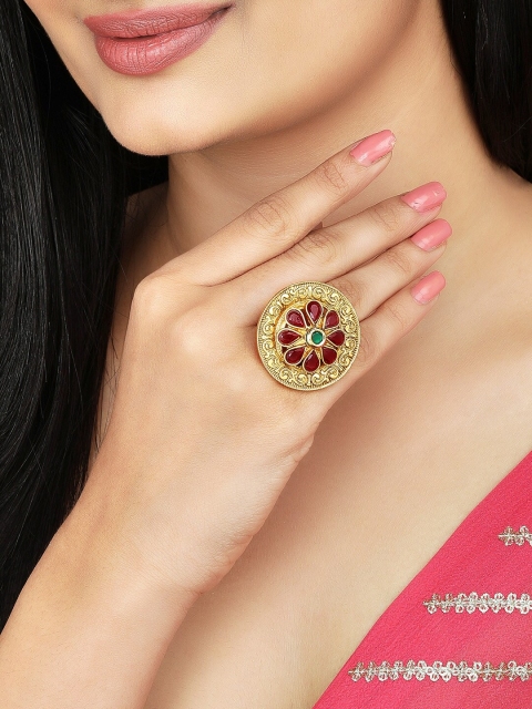 

Anouk Gold-Plated & Red Ruby & Emerald-Studded Handcrafted Adjustable Finger Ring