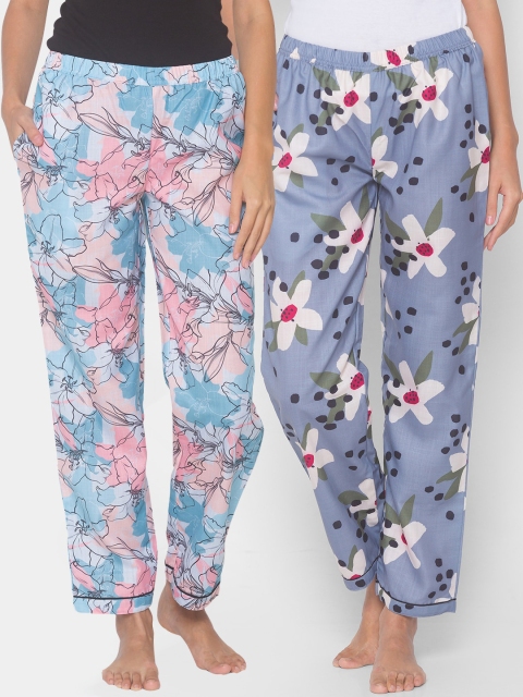 

FashionRack Women Pack Of 2 Blue & Grey Floral Printed Lounge Pants
