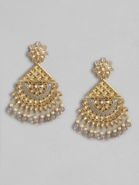 

Anouk Gold-Toned & Grey Stone Studded & Beaded Enamelled Geometric Drop Earrings
