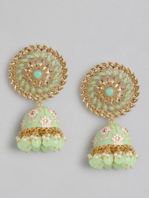 

Anouk Gold-Toned & Green Stone Studded & Beaded Enamelled Dome Shaped Jhumkas