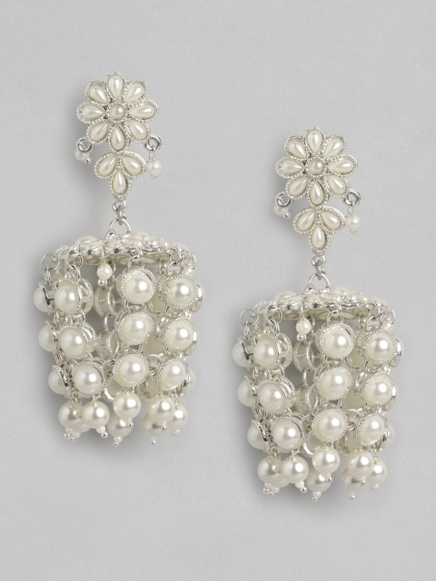

Anouk Silver-Toned & Off-White Beaded Floral Chandelier Drop Earrings