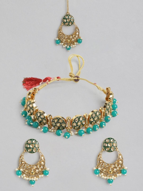 

Anouk Women Turquoise Blue Gold-Toned Stone Studded & Beaded Choker Jewellery Set