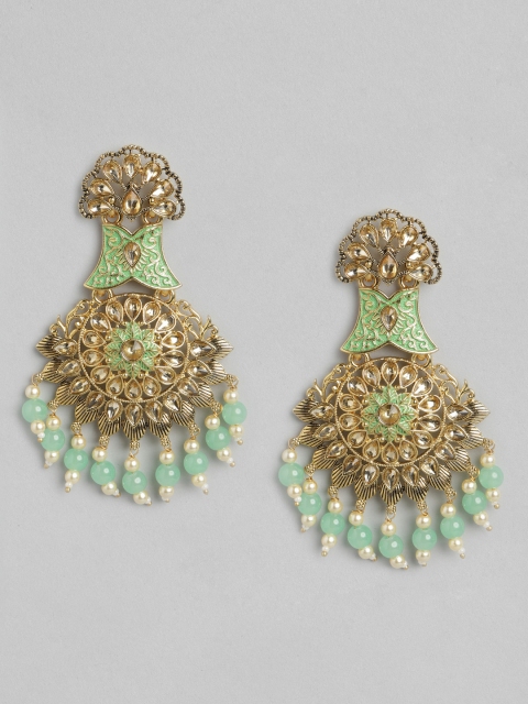 

Anouk Antique Gold-Toned & Green Stone Studded & Beaded Enamelled Classic Drop Earrings