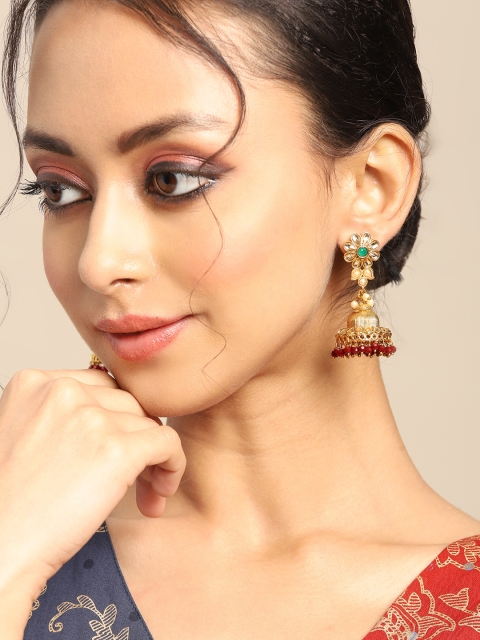 

Anouk Gold-Toned & Red Stone-Studded & Beaded Textured Dome Shaped Jhumkas