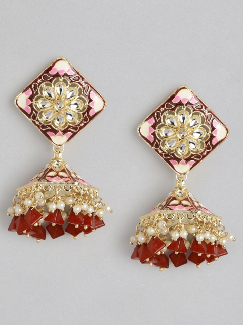 

Anouk Maroon & Pink Stone Studded & Beaded Classic Dome Shaped Jhumkas Earrings