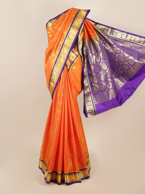 

Pothys Orange & Gold-Toned Floral Woven Design Zari Art Silk Saree