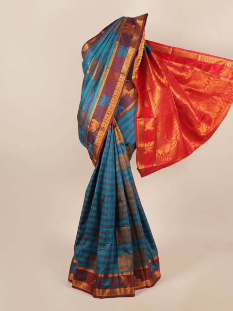 

Pothys Teal & Gold-Toned Ethnic Motifs Zari Art Silk Saree