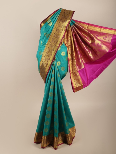 

Pothys Teal & Gold-Toned Ethnic Motifs Zari Art Silk Saree