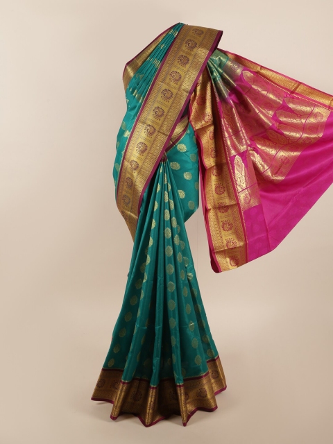 

Pothys Teal & Gold-Toned Floral Woven Design Zari Art Silk Saree