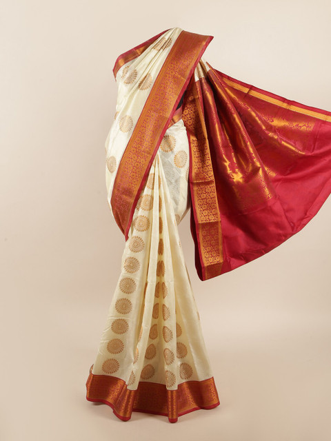 

Pothys Cream-Coloured & Red Ethnic Motifs Zari Art Silk Saree