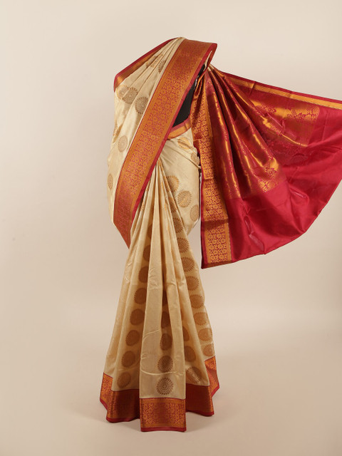 

Pothys Cream-Coloured & Red Ethnic Motifs Zari Art Silk Saree