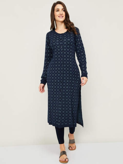 

Melange by Lifestyle Women Blue Acrylic Straight Knitted Geometric Print Kurta