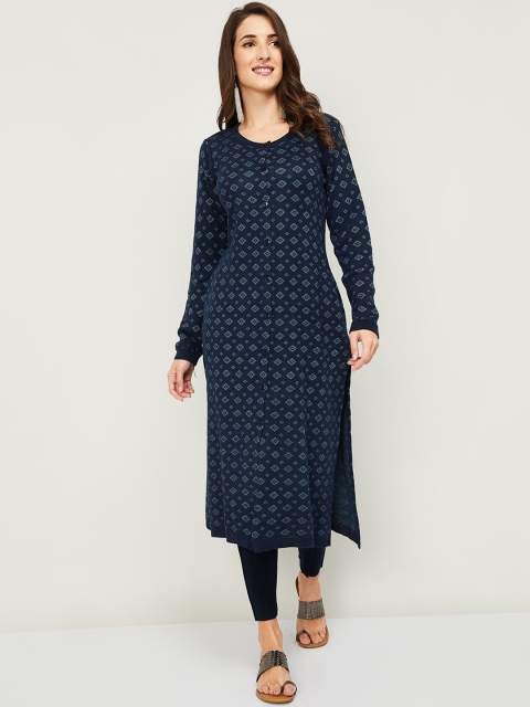 

Melange by Lifestyle Women Blue Acrylic Straight Knitted Geometric Print Kurta