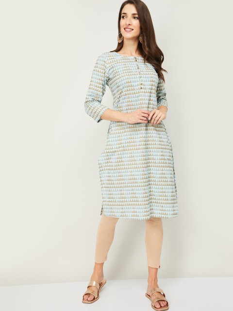 

Melange by Lifestyle Women Blue & Beige Cotton Geometric Printed Kurta