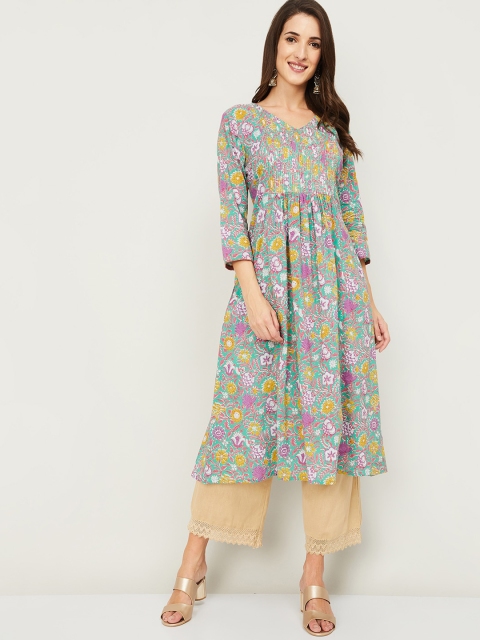 Melange by Lifestyle Women Green & Pink Cotton Ethnic Print Anarkali Kurta